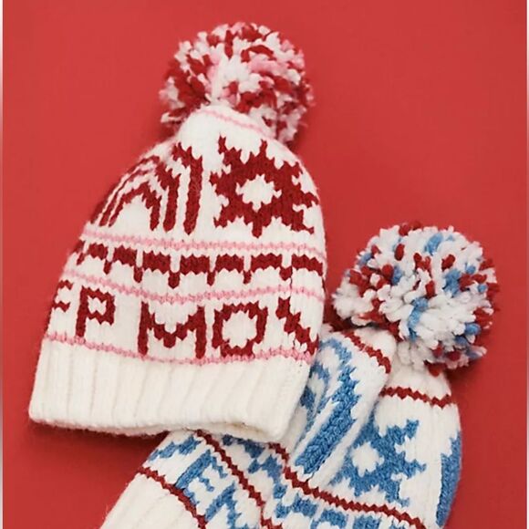 Free People Crystal Skies Pom Pom Winter Pink Red Beanie Hat - Picture 1 of 6